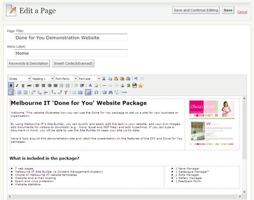 Using the page editor to add text, images and hyperlinks